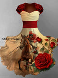 Derby Floral Art Print Short Sleeve Vintage Midi Dress A / S