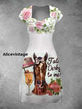 Derby Horse Art Print Elegant Short Sleeve Dress A / S
