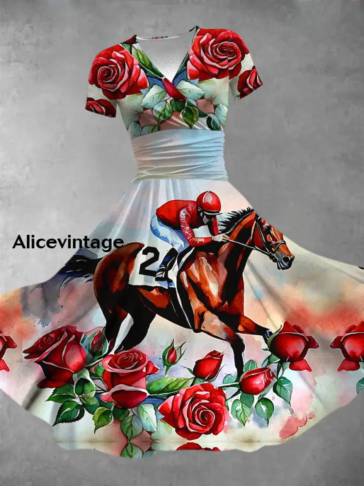 Derby Horse Art Printed Vintage V-Neck Pleated Waist Short Sleeve Midi Dress A / S