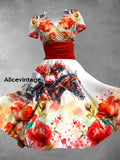 Derby Horse Art Printed Vintage V-Neck Pleated Waist Short Sleeve Midi Dress A / S
