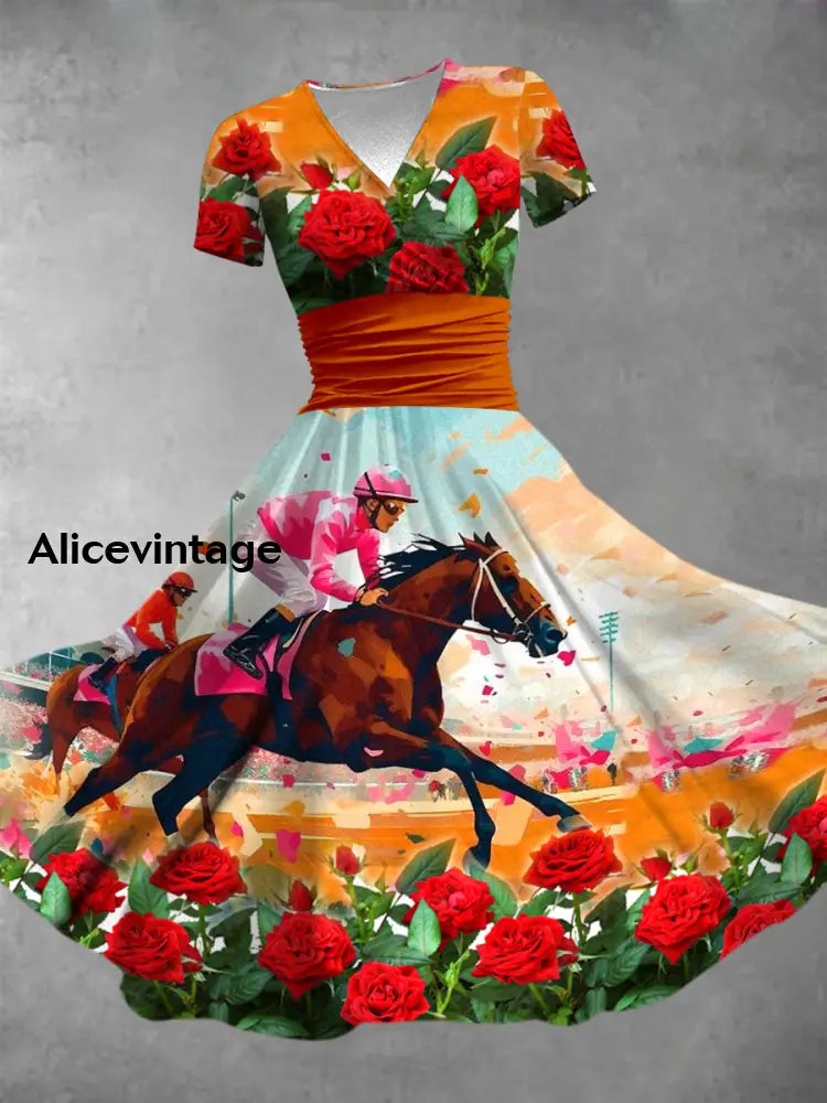 Derby Horse Art Printed Vintage V-Neck Pleated Waist Short Sleeve Midi Dress A / S