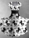 Derby Horse Printed Vintage V-Neck Pleated Waist Short Sleeve Midi Dress A / S