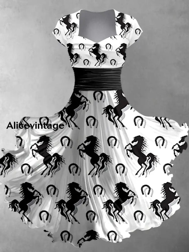 Derby Horse Printed Vintage V-Neck Pleated Waist Short Sleeve Midi Dress A / S