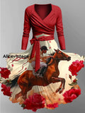 Derby Rose Art Print Vintage V-neck Long Sleeve Two-Piece Midi Dress Derby Dress A / S