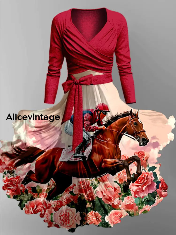Derby Rose Art Print Vintage V-neck Long Sleeve Two-Piece Midi Dress Derby Dress A / S