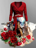 Derby Horse Art Printed Vintage Unique Slim Fit Cross Wrap Long Sleeve Two-Piece Midi Dress A / S