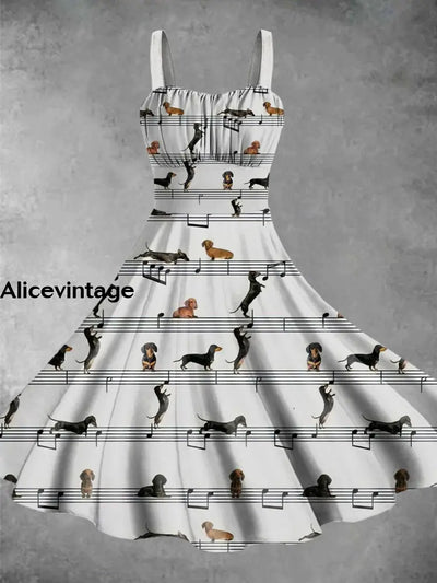 Dog Musician Art Print Vintage V-Neck Sleeveless Midi Dress Picture Color / Xs