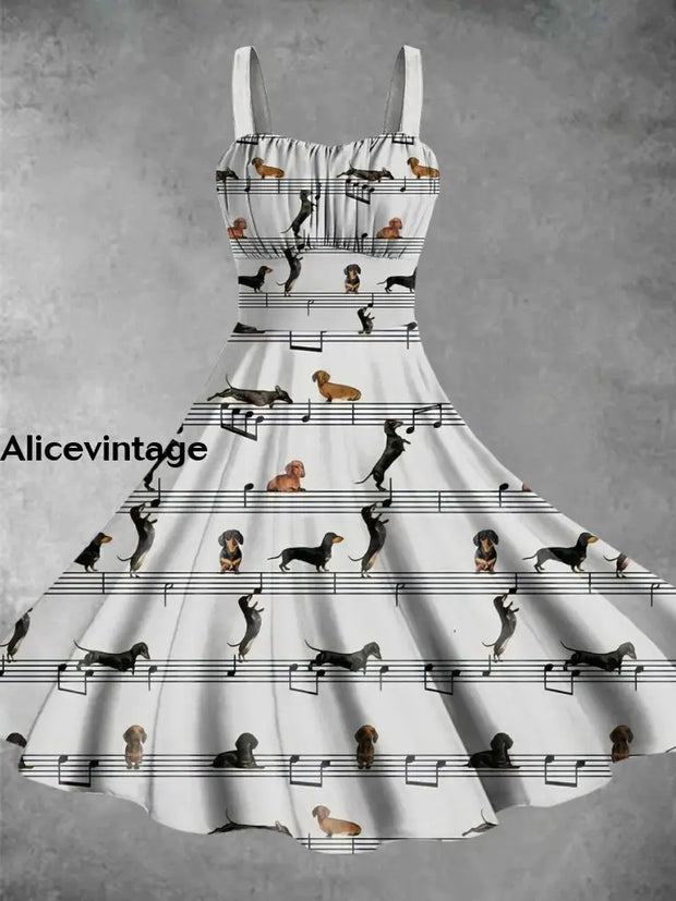 Dog Musician Art Print Vintage V-Neck Sleeveless Midi Dress Picture Color / Xs