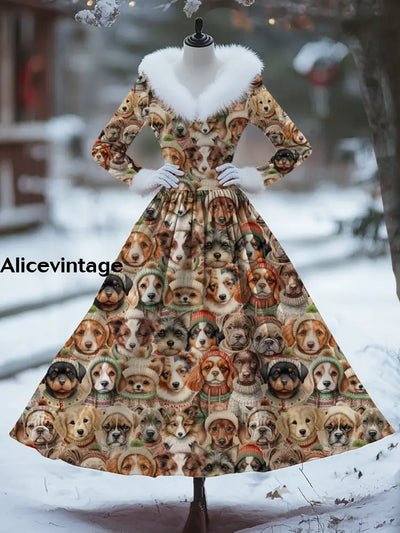 Dogs Print Vintage Elegant Fur Collar Long Sleeve Midi Dress A / S