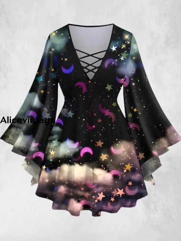 Dreamy Stars Moons Printed V-Neck Hollow Cut Flared Long Sleeve Mid-Long Top A / Xs