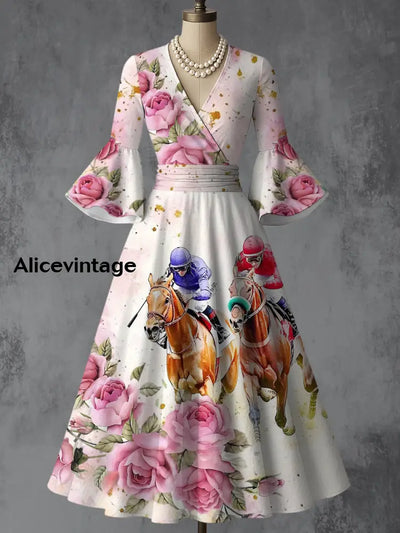Dreby Horse Floral Art Printed V-Neck Vintage Chic Pleated Waist Flare Sleeve Midi Dress A / S
