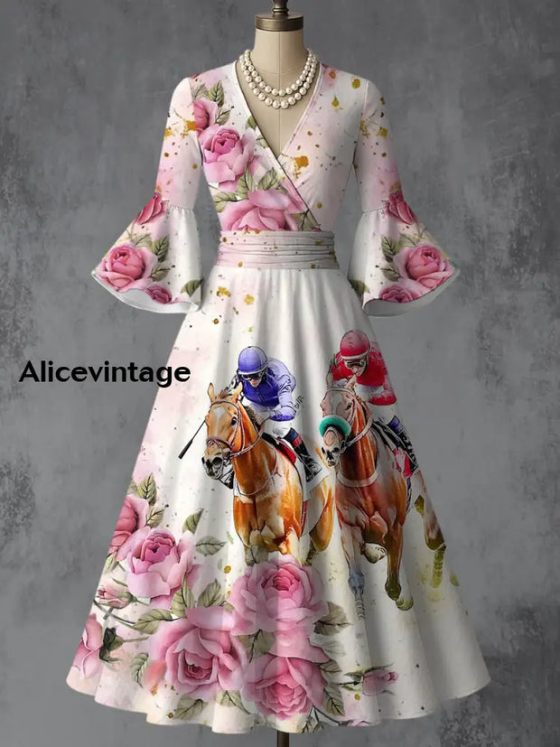 Dreby Horse Floral Art Printed V-Neck Vintage Chic Pleated Waist Flare Sleeve Midi Dress A / S