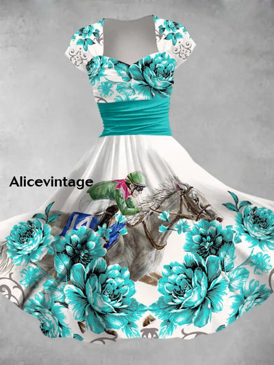 Dreby Horse Floral Art Printed Vintage V-Neck Pleated Waist Short Sleeve Midi Dress A / S