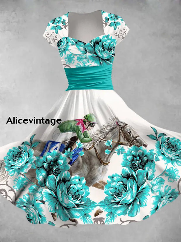 Dreby Horse Floral Art Printed Vintage V-Neck Pleated Waist Short Sleeve Midi Dress A / S