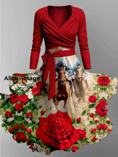 Dreby Horse Printed Vintage Unique Slim Fit Cross Wrap Long Sleeve Two-Piece Midi Dress A / S
