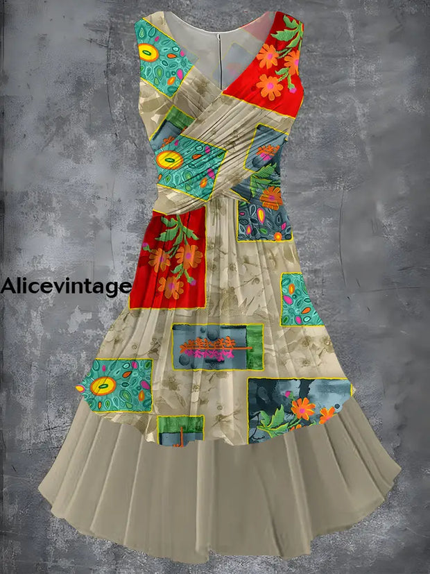 Eather Art Print 50S Elegant Chic Sleeveless Cake Midi Dress A / S