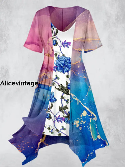 Elegance Floral Art Printed Vintage Slip Dress Short Sleeve Coat Two-Piece Midi A / S