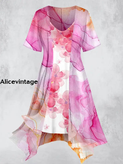 Elegance Floral Art Printed Vintage Slip Dress Short Sleeve Coat Two-Piece Midi A / S