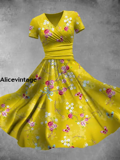 Elegant And Chic Loose Short-Sleeved Midi Dress With Vintage Floral Print V-Neck A / S