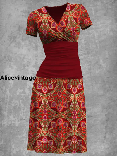 Elegant Baroque Flowers Print V-Neck Short Sleeve Midi Dress A / S