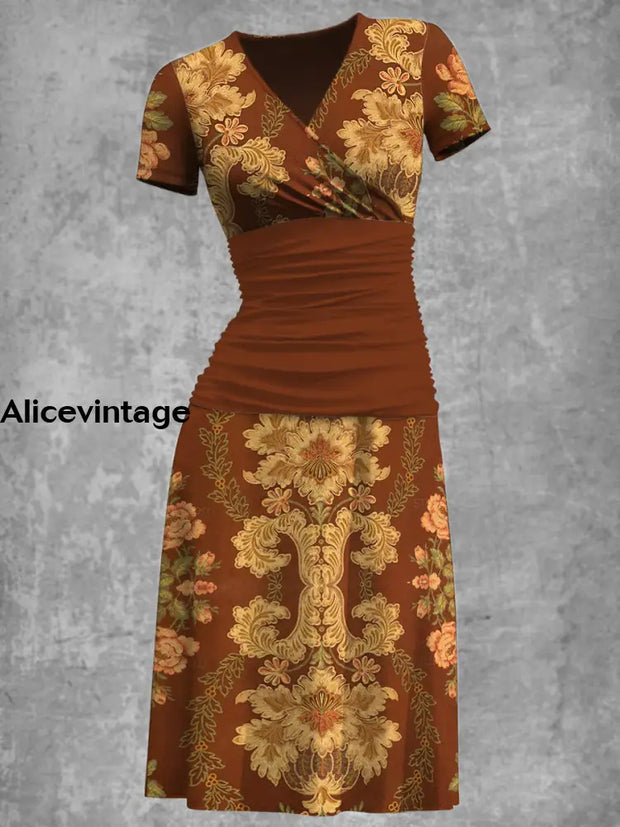 Elegant Baroque Flowers Print V-Neck Short Sleeve Retro Midi Dress A / S