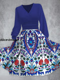 Elegant Blue Bohemia Printed V-Neck Long Sleeve Fashion Midi Dress A / S