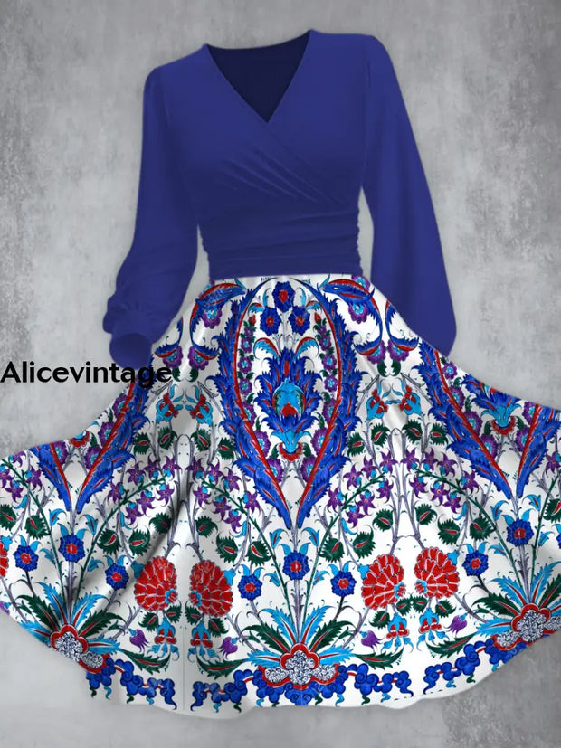 Elegant Blue Bohemia Printed V-Neck Long Sleeve Fashion Midi Dress A / S