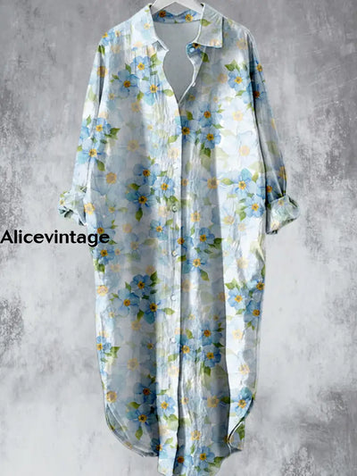 Elegant Blue Floral Printed V-Neck Lapel Button Loose Vintage Midi Shirt Dress A / S