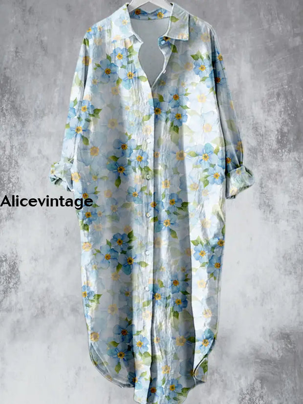 Elegant Blue Floral Printed V-Neck Lapel Button Loose Vintage Midi Shirt Dress A / S