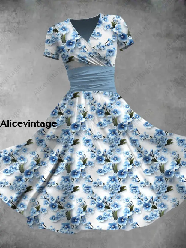 Elegant Blue Flowers Printed V-Neck Short Sleeve Fashion Midi Dress A / S