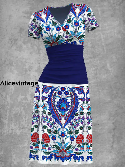 Elegant Bohemian Art Printed V-Neck Short Sleeve Fashion Midi Dress A / S