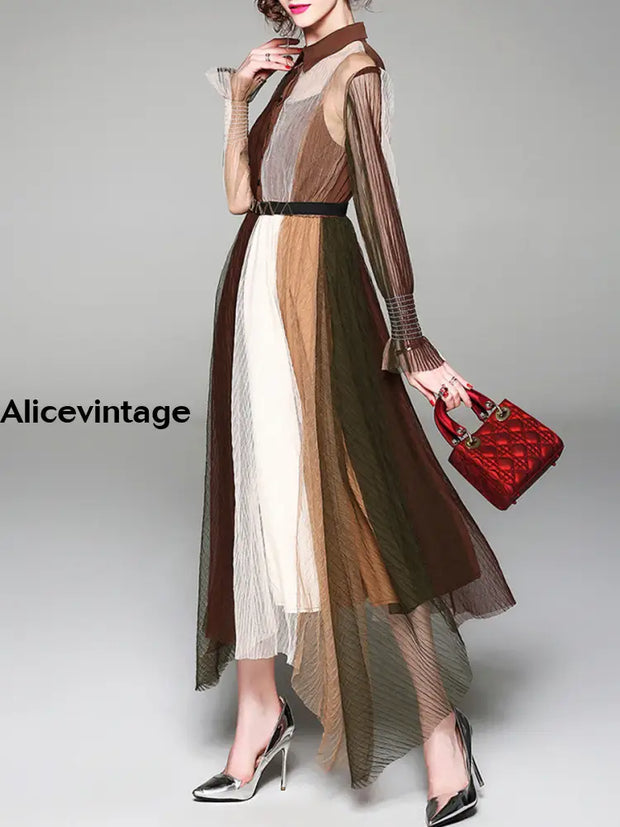 Elegant Contrast Color Printed Chic Chiffon Long Sleeve Full Hemline Maxi Dress