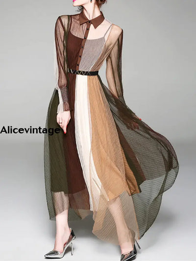 Elegant Contrast Color Printed Chic Chiffon Long Sleeve Full Hemline Maxi Dress A / S