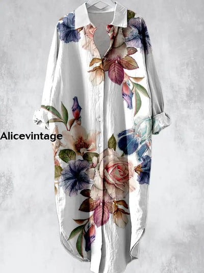 Elegant Floral Printed V-Neck Lapel Button Loose Vintage Midi Shirt Dress A / S