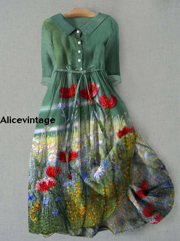 Elegant Flower Art Printed V-Neck Button Vintage Fashion Short Sleeve Midi Dress A / S