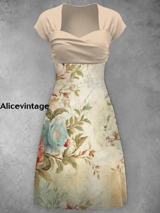 Elegant Flower Print V-Neck Short Sleeve Vintage Midi Dress A / S