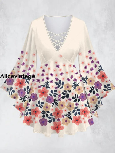 Elegant Flowers Print V-Neck Hollow Out Long Sleeve Shirt A / Xs