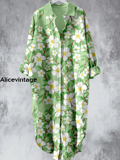 Elegant Green Floral Printed V-Neck Lapel Button Loose Vintage Midi Shirt Dress A / S