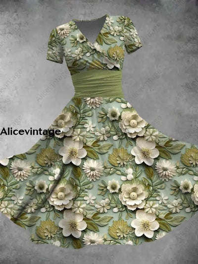 Elegant Green Flowers Print V-Neck Short Sleeve Midi Dress A / S