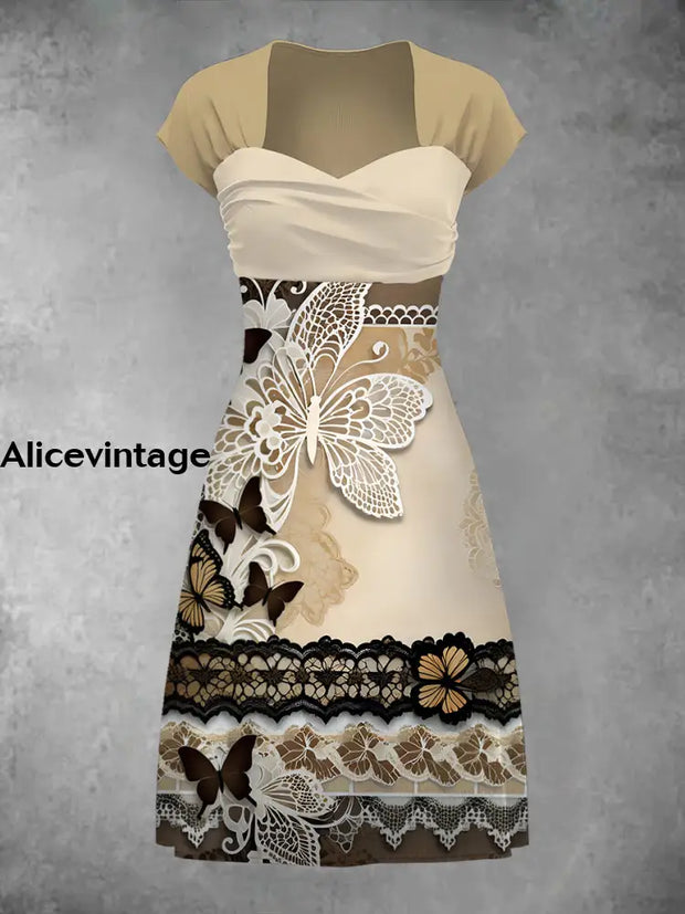 Elegant Lace Butterfly Floral Print Short Sleeve Retro Midi Dress A / S