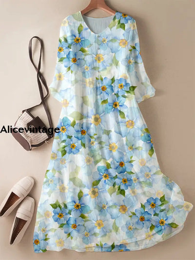 Elegant Light Blue Floral Printed V-Neck Chic Loose Long Sleeve Maxi Dress A / S