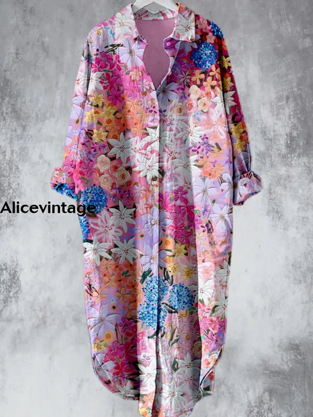 Elegant Oil Painting Flowers Printed V-Neck Lapel Button Loose Vintage Midi Shirt Dress A / S