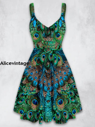 Elegant Peacock Printed Vintage V-Neck Strap Sleeveless Button Trim Midi Dress A / S