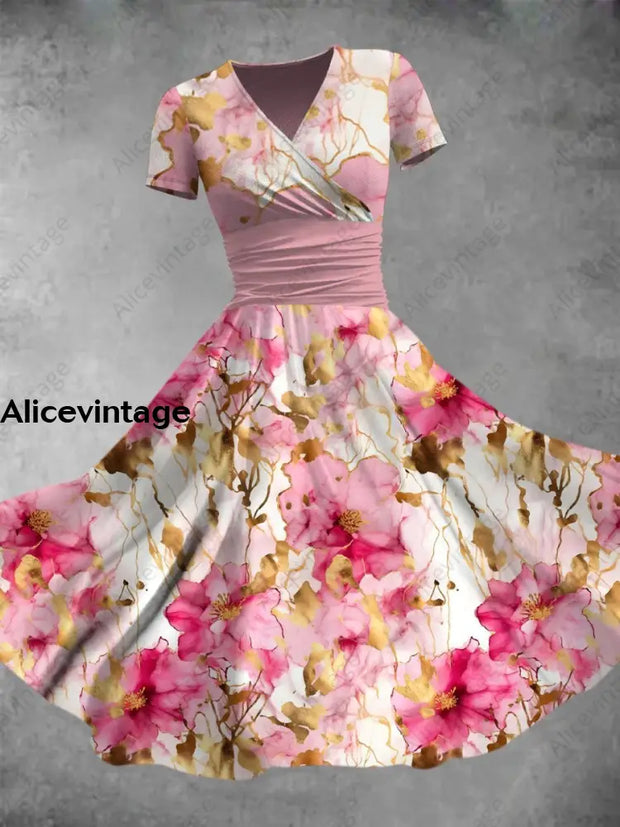 Elegant Pink Floral Print V-Neck Short Sleeve Midi Dress A / S