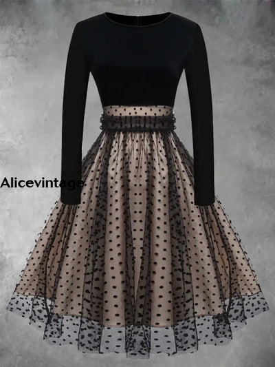 Elegant Polka-Dot Mesh Stitching Vintage Chic Round Collar Long Sleeve Midi Dress Black / S