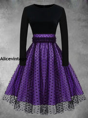 Elegant Polka-Dot Mesh Stitching Vintage Chic Round Collar Long Sleeve Midi Dress Purple / S