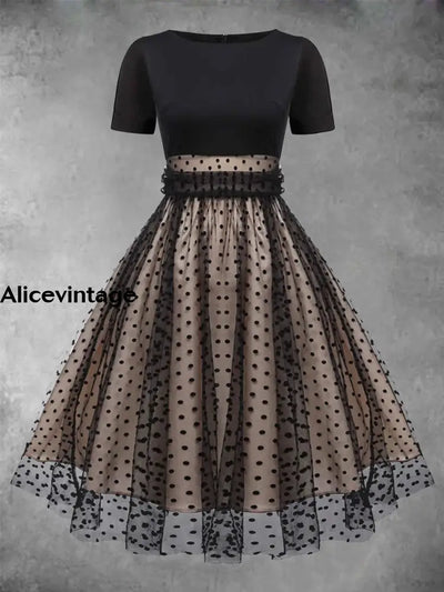 Elegant Polka-Dot Mesh Stitching Vintage Chic Round Collar Short Sleeve Midi Dress Black / S