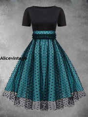 Elegant Polka-Dot Mesh Stitching Vintage Chic Round Collar Short Sleeve Midi Dress Blue / S