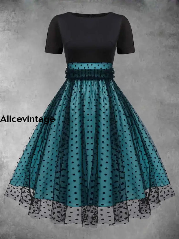 Elegant Polka-Dot Mesh Stitching Vintage Chic Round Collar Short Sleeve Midi Dress Blue / S