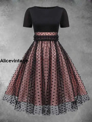 Elegant Polka-Dot Mesh Stitching Vintage Chic Round Collar Short Sleeve Midi Dress Pink / S